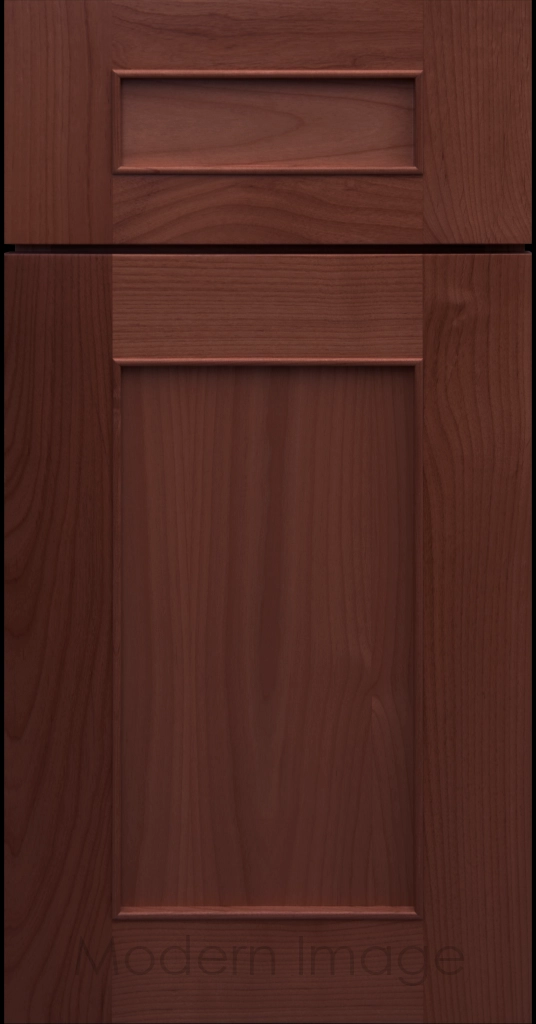 Detail view of a Chandler Shaker cabinet door in Cherry stain with raised molding along the inner panel.